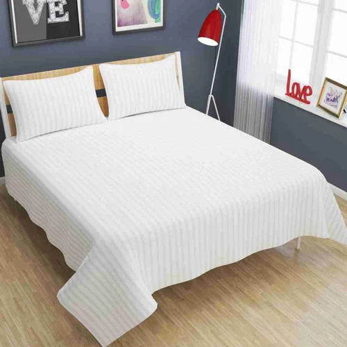 white, satin-striped bedsheet set - Vigour Impex